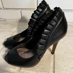 Skin by Nude Black Leather Heels Frill Details Size 36
